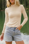 Ribbed Knit High Neck Lettuce Trim Fitted Long Sleeve Top